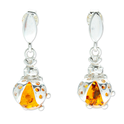 925 Sterling Silver and Amber Ladybug Dangle Earrings