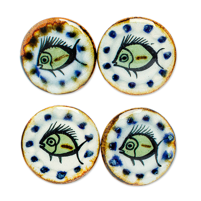 Set of 4 Fish Themed Ceramic Knobs Hand-Painted in Mexico