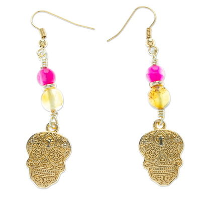 14k Gold-Plated Skull Dangle Earrings with Amber and Agate