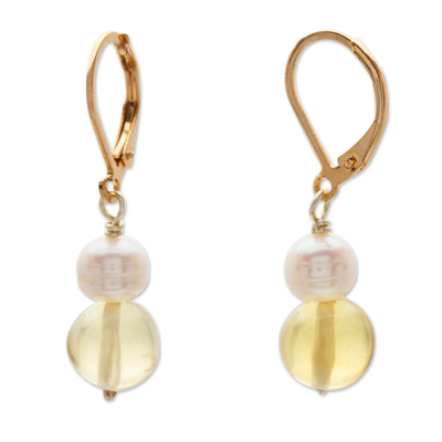 14k Gold-Plated Dangle Earrings with Amber Beads and Pearls