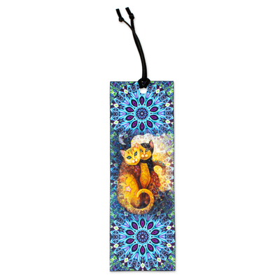 Cat-themed Blue Decoupage Bookmark with Cord from Mexico