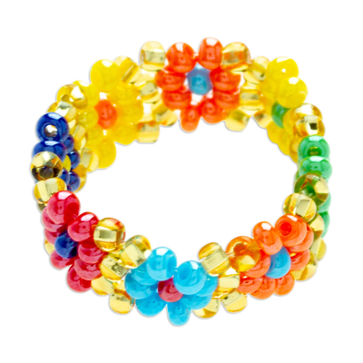 Glass Beaded Ring with Floral Motifs and Colorful Palette