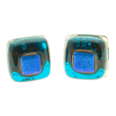 Blue Fused Glass Mosaic Stud Earrings Handmade in Mexico