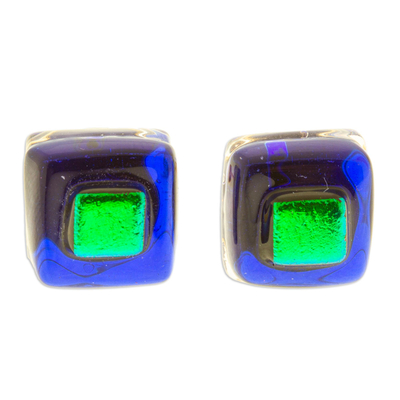 Blue & Green Fused Glass Mosaic Stud Earrings from Mexico