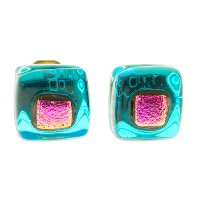 Blue & Pink Fused Glass Mosaic Stud Earrings from Mexico