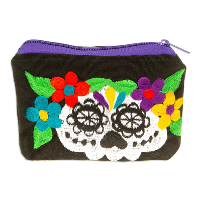 Handmade Mexican Skull-Theme Floral Cotton Cosmetic Bag