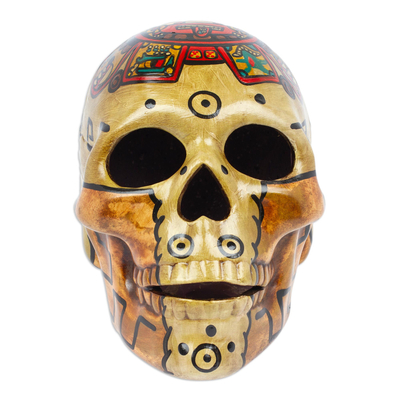 Aztec Sun God Ceramic Skull Sculpture Handmade in Mexico
