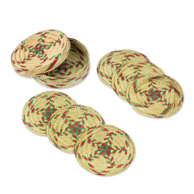 Set of 6 Green and Red Natural Fiber Coasters from Mexico