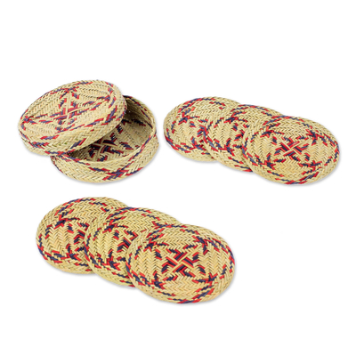 Set of 6 Purple and Red Natural Fiber Coasters from Mexico