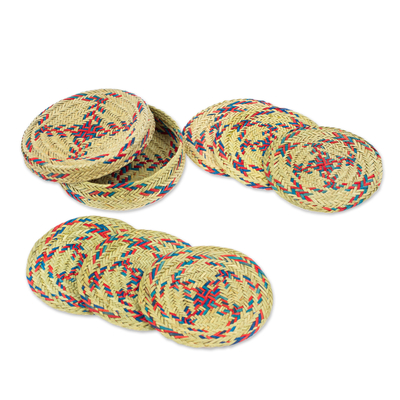Set of 6 Blue and Red Natural Fiber Coasters from Mexico