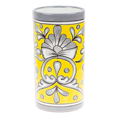 Handcrafted Floral Ceramic Vase in Yellow and Grey