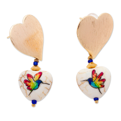 14k Gold-Plated Dangle Earrings with Hand-Painted Birds