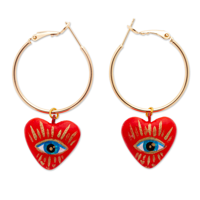 14k Gold-Plated Hoop Earrings with Red Papier Mache Hearts