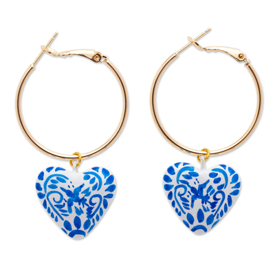 14k Gold-Plated Hoop Earrings with Blue Papier Mache Hearts