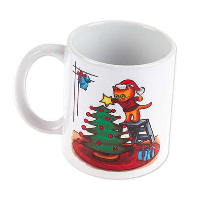 Cat-Themed Ceramic Mug with Printed Christmas Design