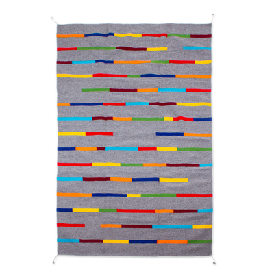 Handloomed Grey Cotton Area Rug with Rainbow Stripes (4x6.5)