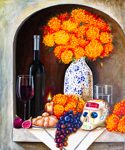 Signed Stretched Oil Still Life Painting from Mexico