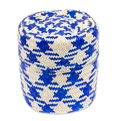 Blue Basket with Lid Hand-Woven from Palm Fiber in Mexico