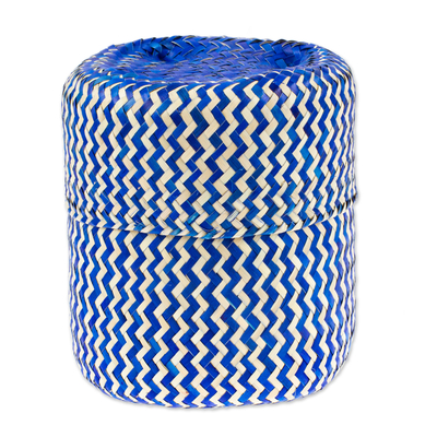 Blue Hand-Woven Palm Fiber Basket with Lid from Mexico