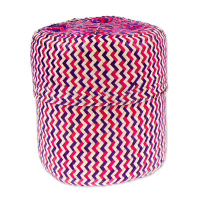 Fuchsia Basket with Lid Hand-Woven from Palm Fiber in Mexico