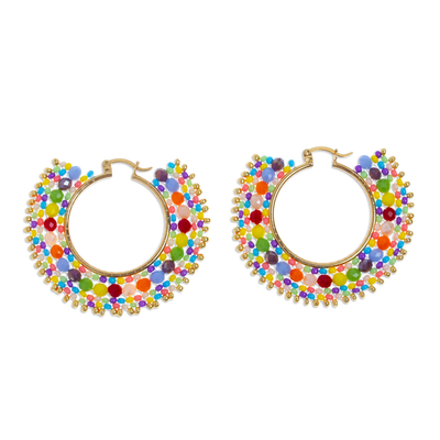 Colorful 14k Gold-Plated Brass and Glass Beads Hoop Earrings