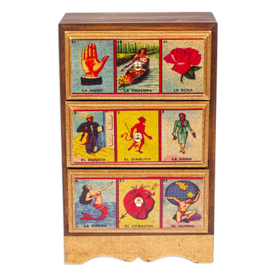 Handmade Pine Wood Decoupage Loteria Jewelry Box from Mexico