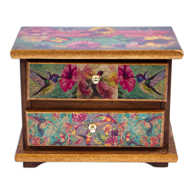 Decoupage on Pinewood Jewelry Box with Flowers & Hummingbird