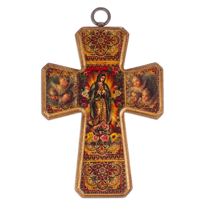 Decoupage on Pinewood Cross of The Virgin of Guadalupe