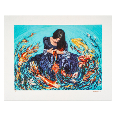 Signed Stretched Surrealist Giclee Print of a Woman and Fish