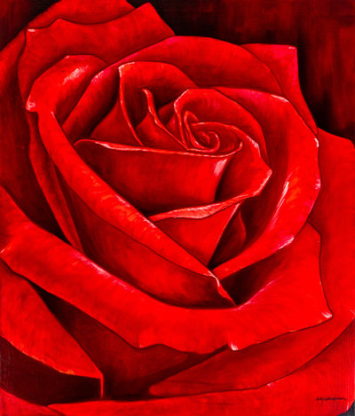 Signed Stretched Realist Oil Painting of a Red Rose