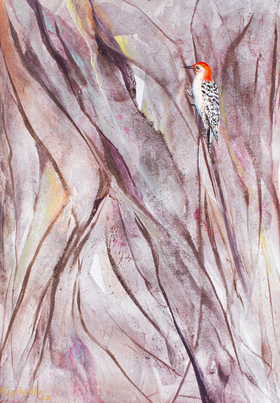 Acrylic and Dyes on Paper Painting of A Woodpecker in A Tree