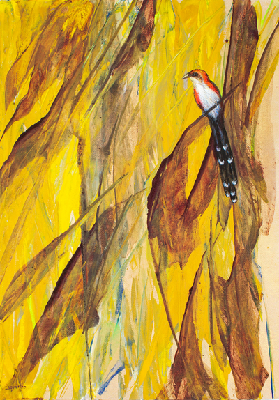 Acrylic and Dyes on Paper Painting of Cuckoo Bird in A Tree