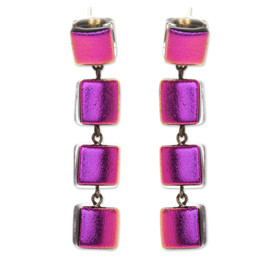 Fused Glass Dangle Earrings with Gold Accents in Fuchsia