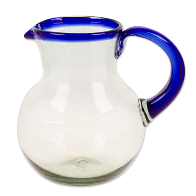 Handblown Recycled Glass Pitcher with Blue Rim and Handle