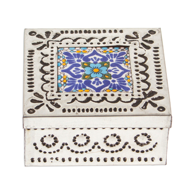 Repousse Tin and Ceramic Jewelry Box with Blue Talavera Tile