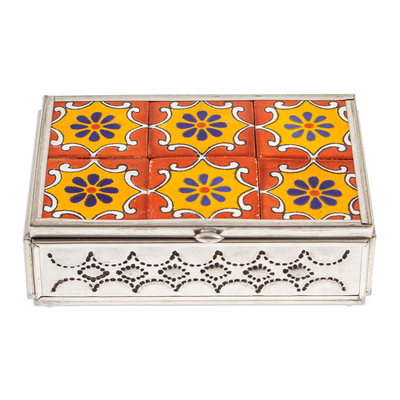Talavera Tin and Ceramic Jewelry Box in Orange and Yellow