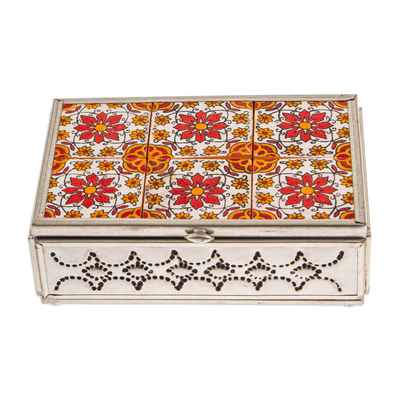 Talavera Tin and Ceramic Jewelry Box in Warm Floral Details