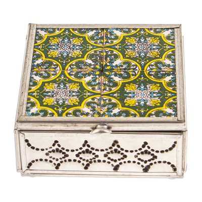 Handcrafted Tin and Ceramic Jewelry Box in Green and Yellow