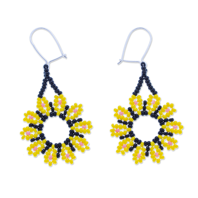 Yellow Floral Beaded Dangle Earrings Handcrafted in Mexico