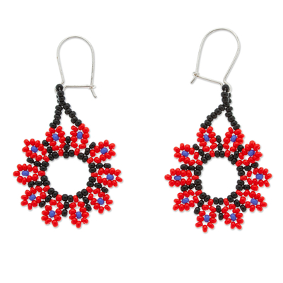 Red Floral Beaded Dangle Earrings Handcrafted in Mexico