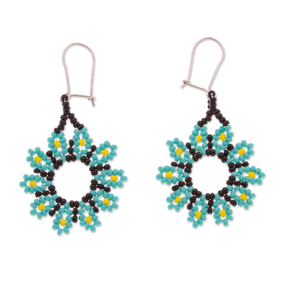 Aqua Floral Beaded Dangle Earrings Handcrafted in Mexico