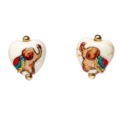 14k Gold-Accented Howlite Stud Earrings with Elephant Motifs