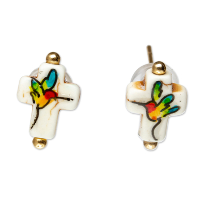 14k Gold-Accented Hummingbird Cross Button Earrings