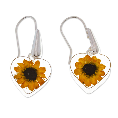 Heart-Shaped Natural Sunflower Dangle Earrings from Mexico