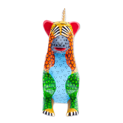 Wood Monkey Alebrije Figurine Painted in Green and Yellow