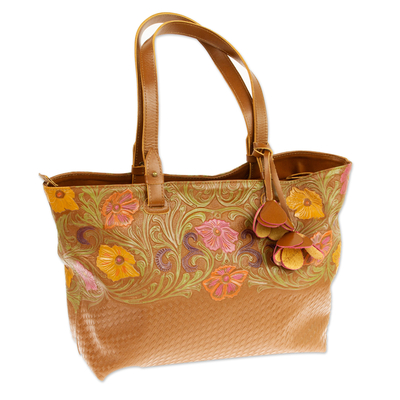 Floral Cinnamon Leather Handbag with Petal-Themed Accents