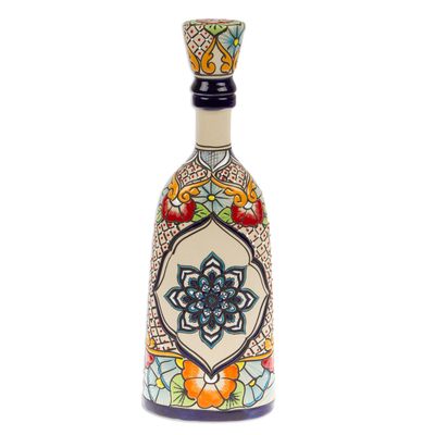 Mandala and Floral-Themed Hand-Painted Blue Ceramic Decanter