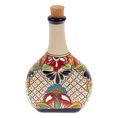 Hacienda-Themed Ceramic Decanter with Red Floral Details