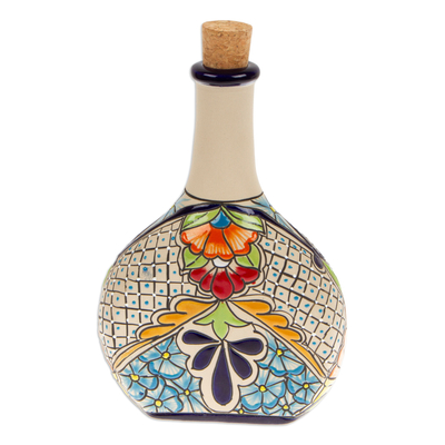 Hacienda-Themed Ceramic Decanter with Blue Floral Details