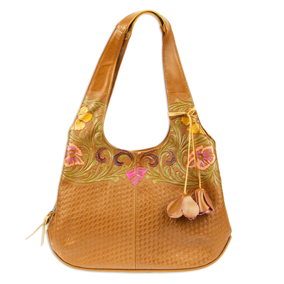 Embossed Floral Copper-Toned Leather Shoulder Bag